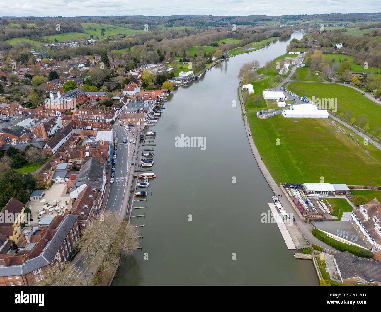 Aerial view along the River Thames looking away from Henley Bridge, Henley-on-Thames, Oxfordshire, UK. Stock Photo