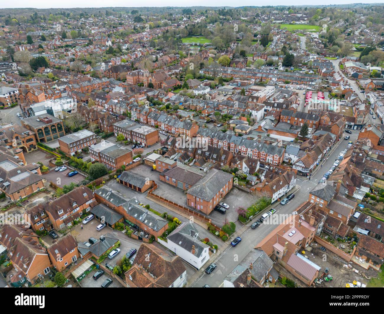 Aerial view of property in Henley on Thames, on the River Thames, Oxfordshire, UK. Stock Photo