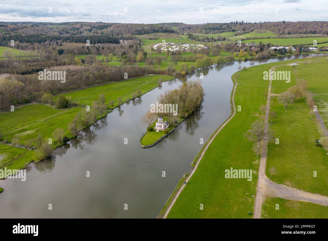 Aerial view of the ornamental temple (a folly) on Temple Island, an eyot in the River Thames just north of Henley-on-Thames, Oxfordshire, UK. Stock Photo
