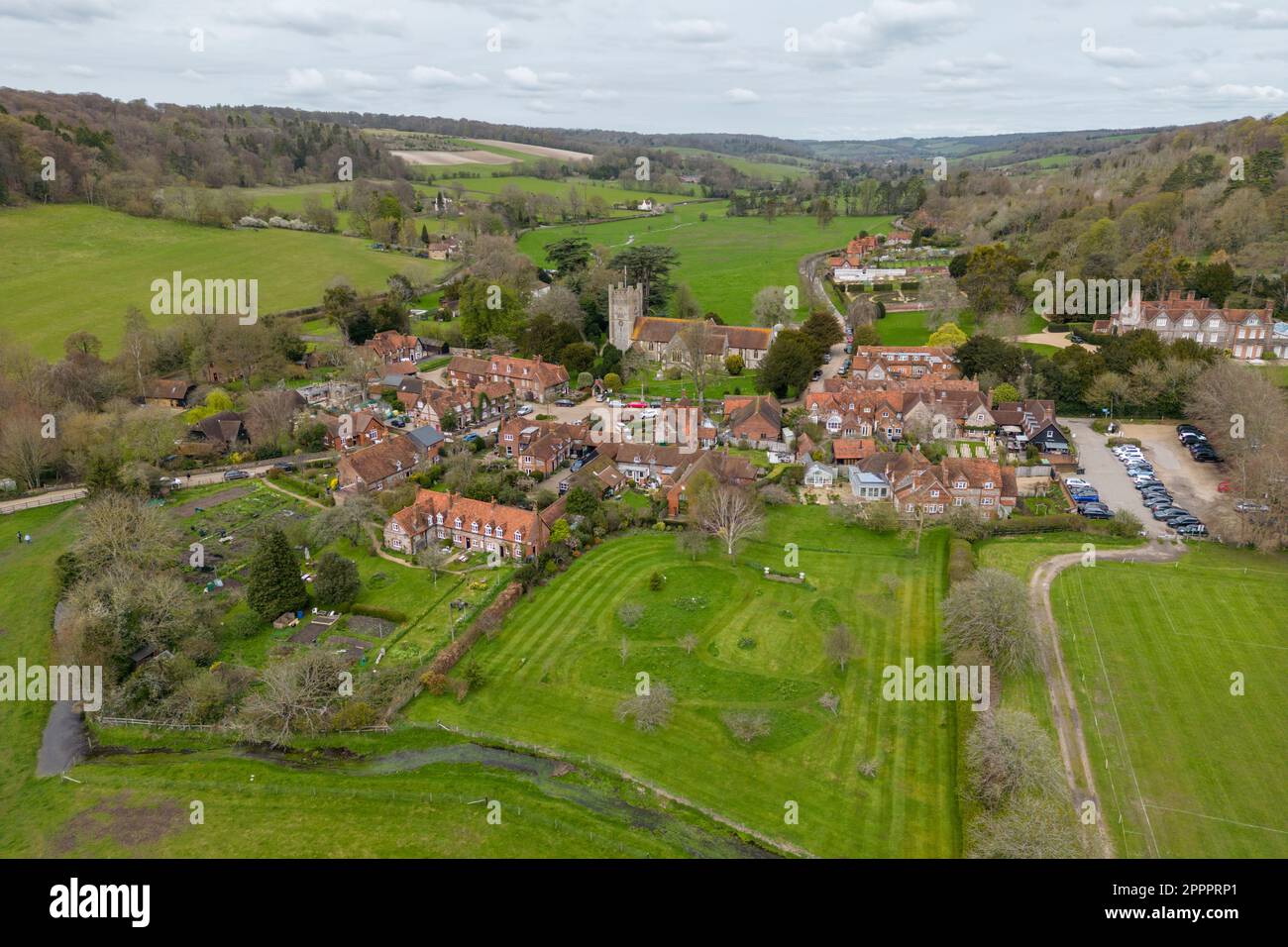 Aerial view of the village of Hambleden, Oxfordshire, UK. Stock Photo