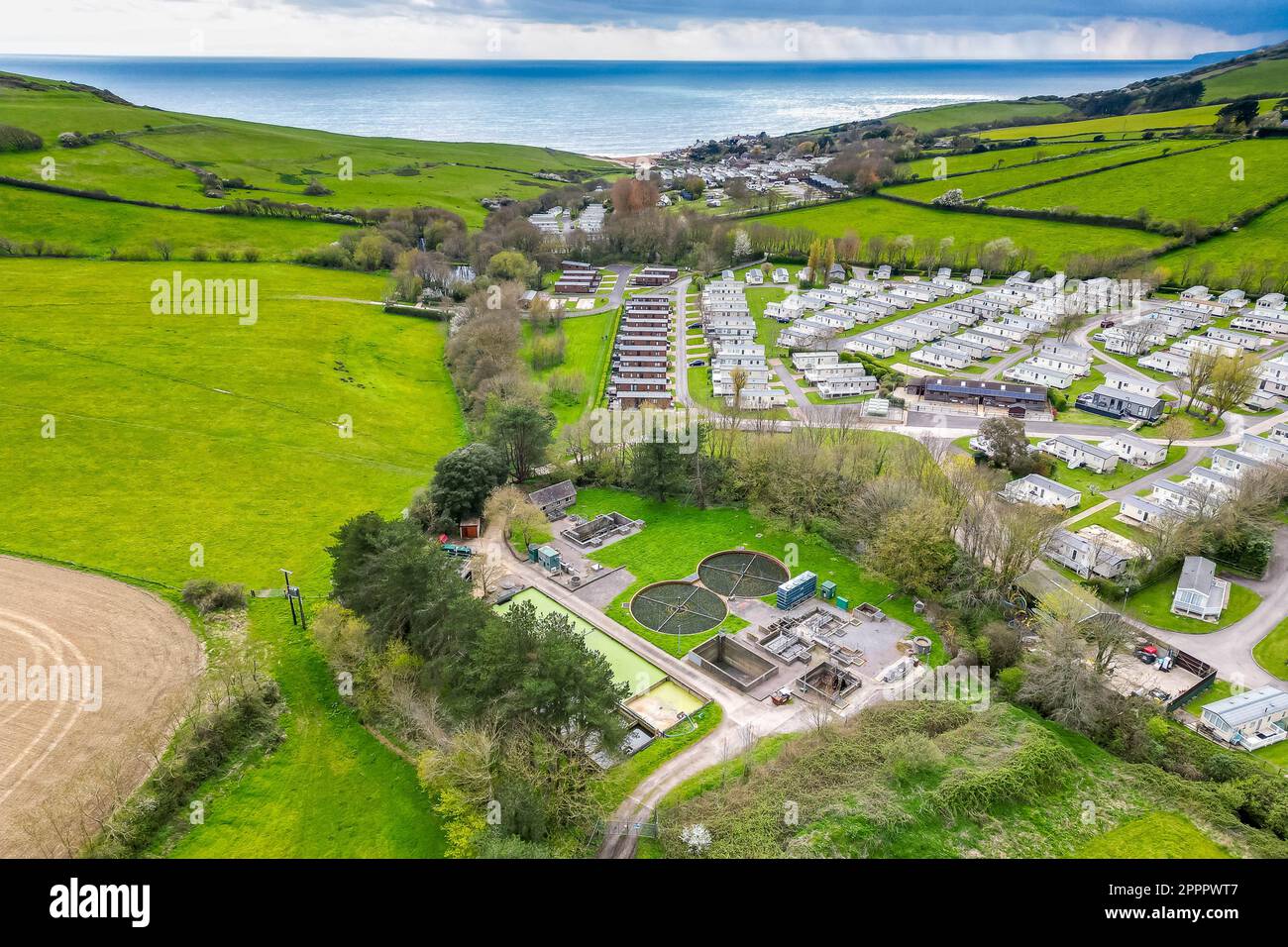 Seatown, Dorset, UK. 24th April 2023. View from the air of the Mill Lane, Chideock sewage