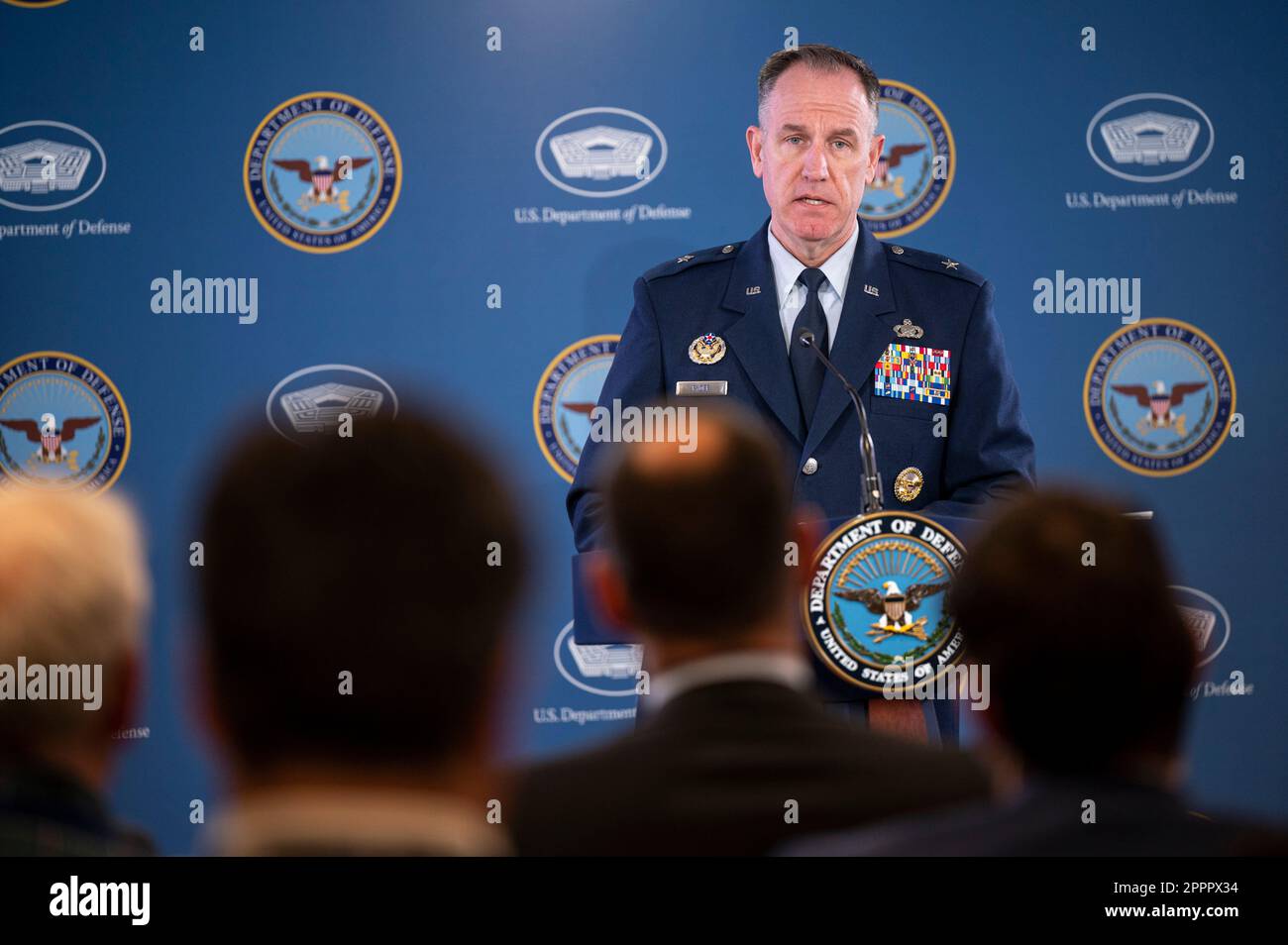 Arlington, United States Of America. 24th Apr, 2023. Arlington, United States of America. 24 April, 2023. Pentagon Press Secretary Air Force Brig. Gen. Pat Ryder responds to a question from a reporter during a press briefing at the Pentagon, April 24, 2023 in Arlington, Virginia. Ryder announced that Arleigh Burke-class guided-missile destroyer USS Truxtun is off the coast of Sudan following the evacuation of the U.S. Embassy in Khartoum. Credit: MC2 Alexander Kubitza/DOD/Alamy Live News Stock Photo