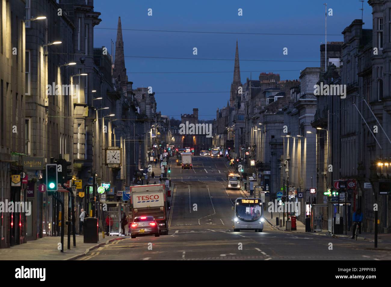 Looking West Along Union Street in the Centre of Aberdeen Shortly Before Dawn Stock Photo