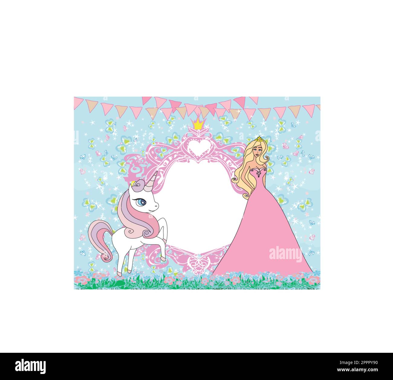 Unicorn and fairy - beautiful girly ornamental frame invitation card Stock Vector