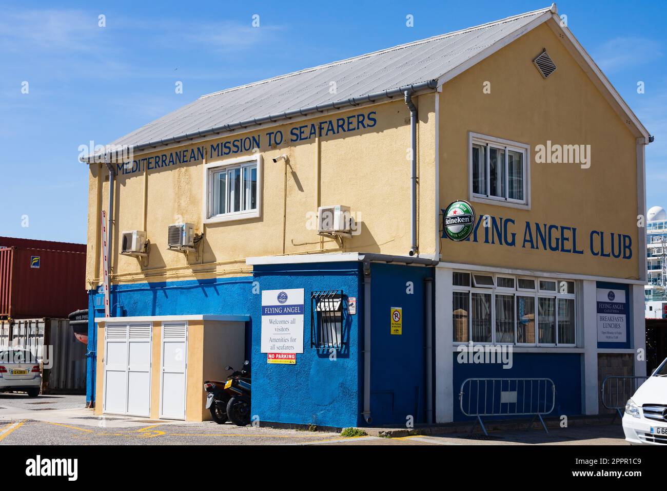 Flying Angel Club. Mediterranean Mission to Seafarers building. North Mole Road. The British Overseas Territory of Gibraltar, the Rock of Gibraltar on Stock Photo