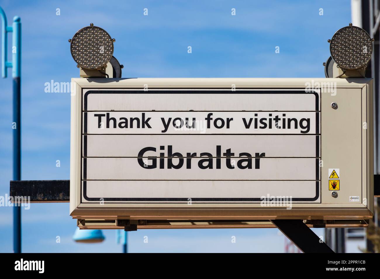 Thank you for visiting Gibraltar sign. North Mole Road. The British Overseas Territory of Gibraltar, the Rock of Gibraltar on the Iberian Peninsula. Stock Photo