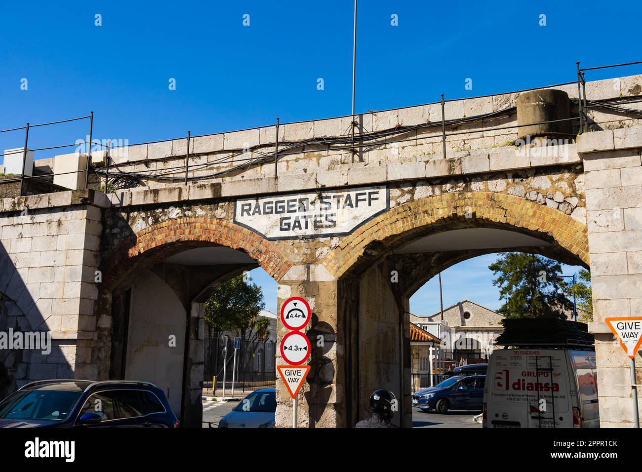 Ragged Staff Gates, part of the Line Curtain Wall defence. The British Overseas Territory of Gibraltar, the Rock of Gibraltar on the Iberian Peninsula Stock Photo