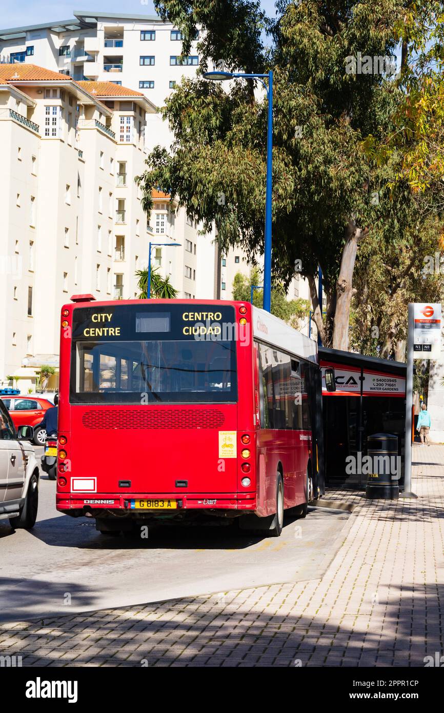 Dennis Dart single decker bus of the Gibraltar Bus Company at the Queensway Quay East bus stop. The British Overseas Territory of Gibraltar, the Rock Stock Photo