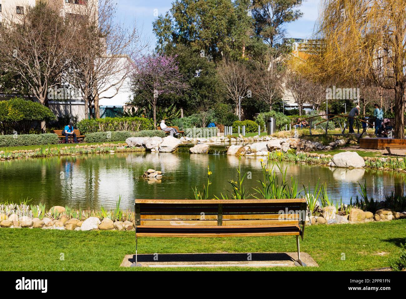 A nice green space in Commonwealth Park on Queensway Road. The British Overseas Territory of Gibraltar, the Rock of Gibraltar on the Iberian Peninsula Stock Photo