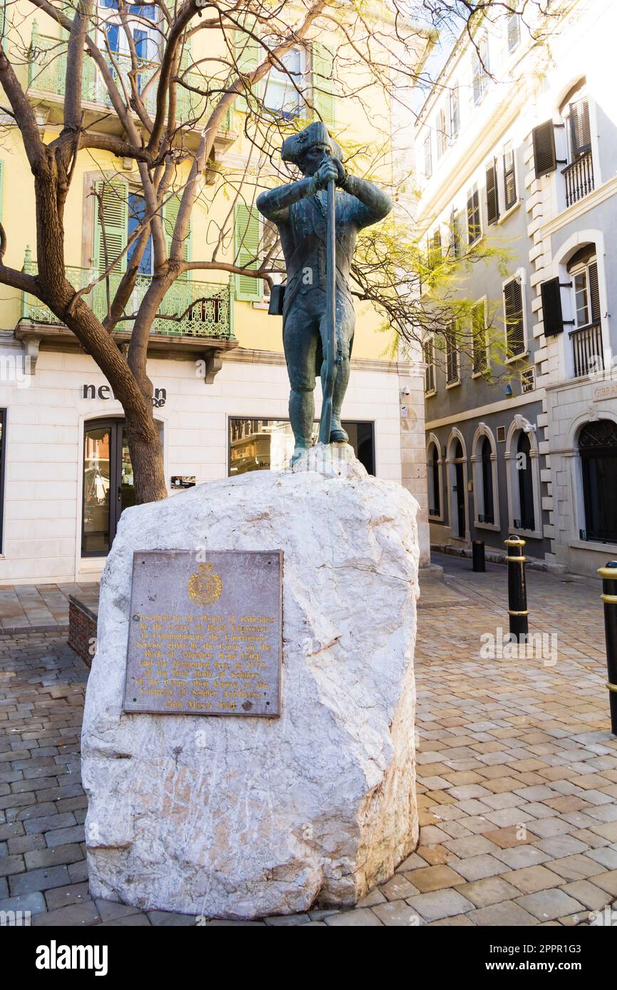 Bronze statue of Engineer commemorating the formation of the Corps of Royal Engineers. Main street. The British Overseas Territory of Gibraltar, the R Stock Photo