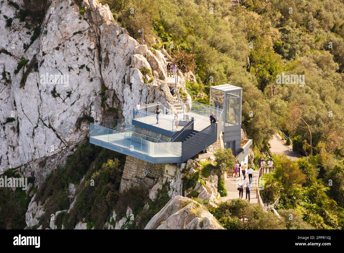 The glass floor Skywalk tourist attraction and viewpoint, Upper Rock, The British Overseas Territory of Gibraltar, the Rock of Gibraltar on the Iberia Stock Photo