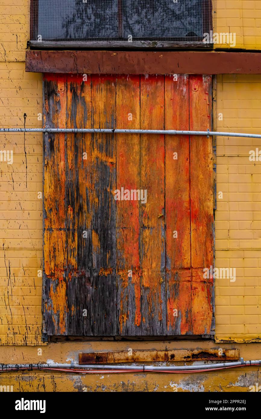 Door detail of old grain elevator in Stanwood, Michigan, USA, now along the White Pine Trail State Park [No property release; editorial licensing only Stock Photo