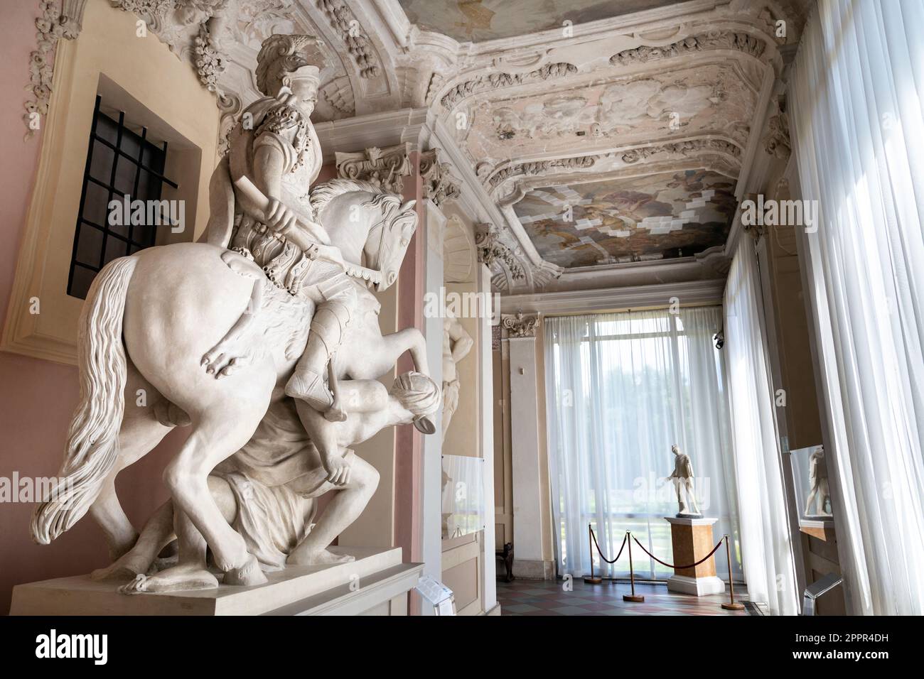 Equestrian statue of King Jan III and Michelangelo Palloni frescoes at the South Gallery, Wilanow Palace, Warsaw, Poland Stock Photo
