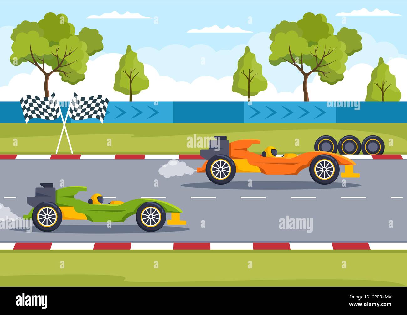 Formula Racing Sport Car Reach on Race Circuit the Finish Line Cartoon Illustration to Win the Championship in Flat Style Design Stock Vector
