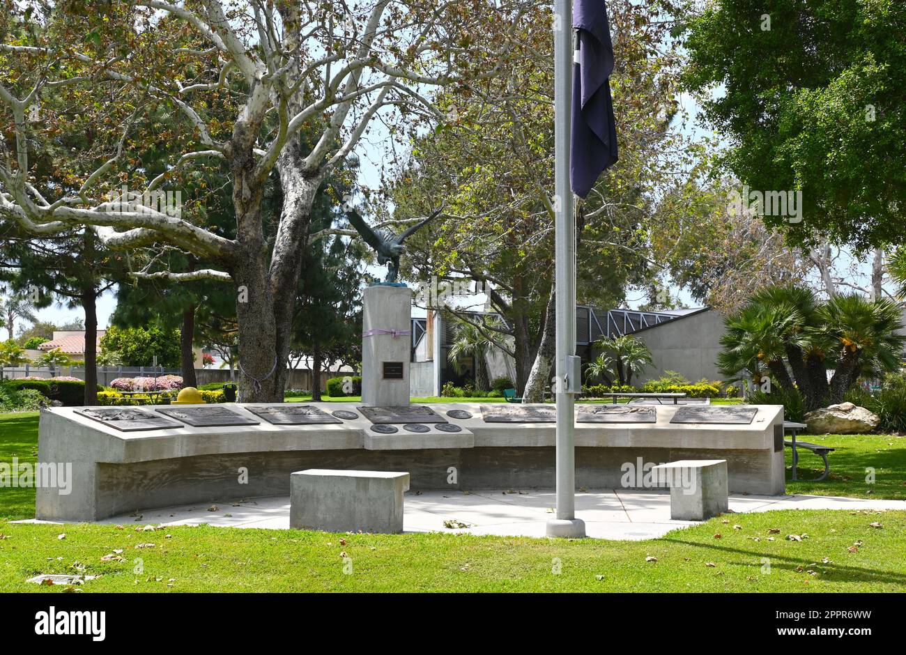 FOUNTAIN VALLEY, CALIFORNIA - 18 APR 2023: Veterans Memorial in Veterans Park at the Civic Center. Stock Photo