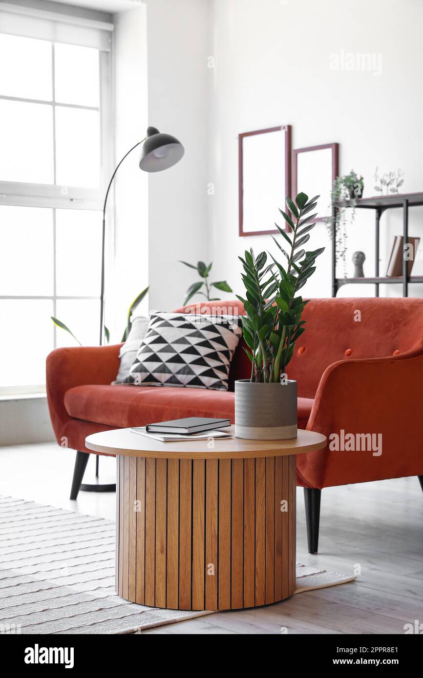 Interior of modern living room with cozy sofa and coffee table Stock ...