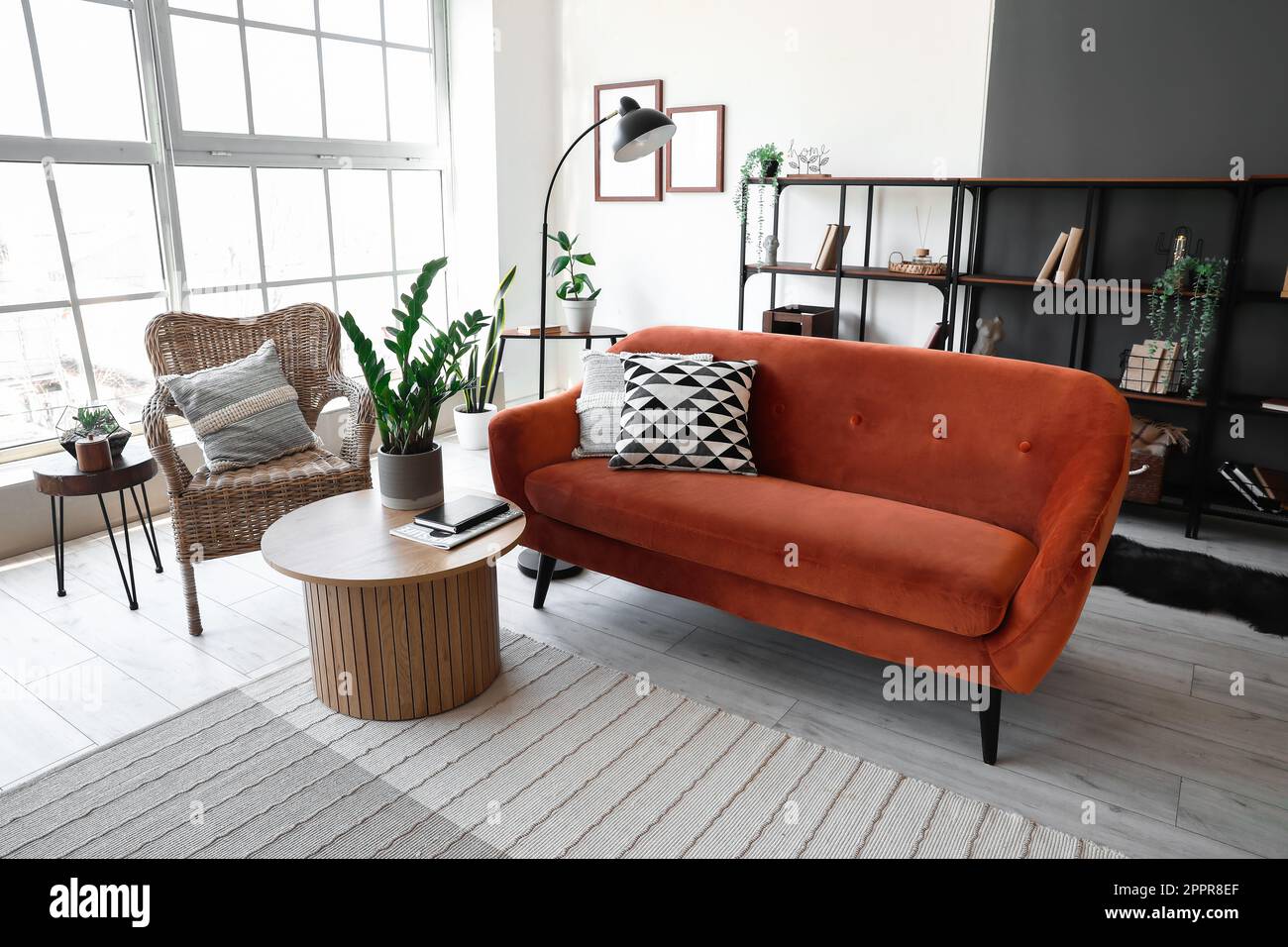 Interior of stylish living room with cozy sofa, armchair and coffee ...