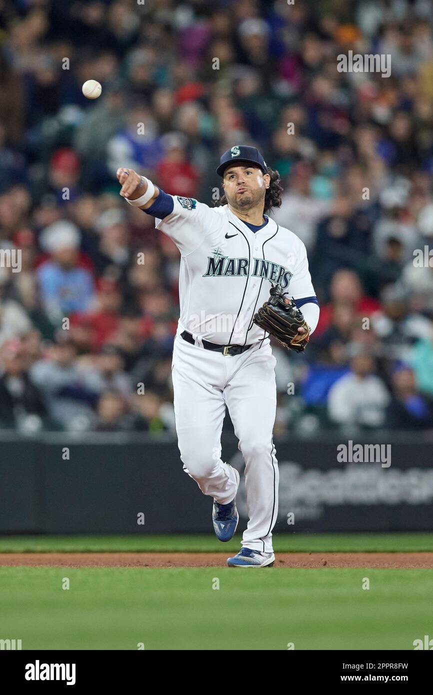 Seattle Mariners third baseman Eugenio Suarez makes a throw after fielding  a ground ball against the St. Louis Cardinals during a baseball game,  Saturday, April 22, 2023, in Seattle. (AP Photo/John Froschauer