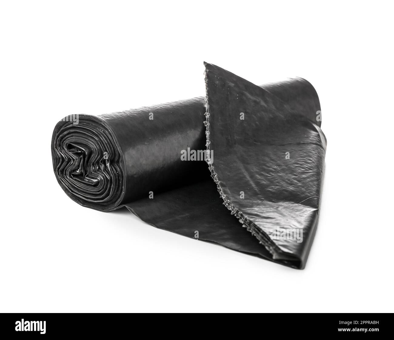 Roll of black garbage bags on white background Stock Photo Alamy