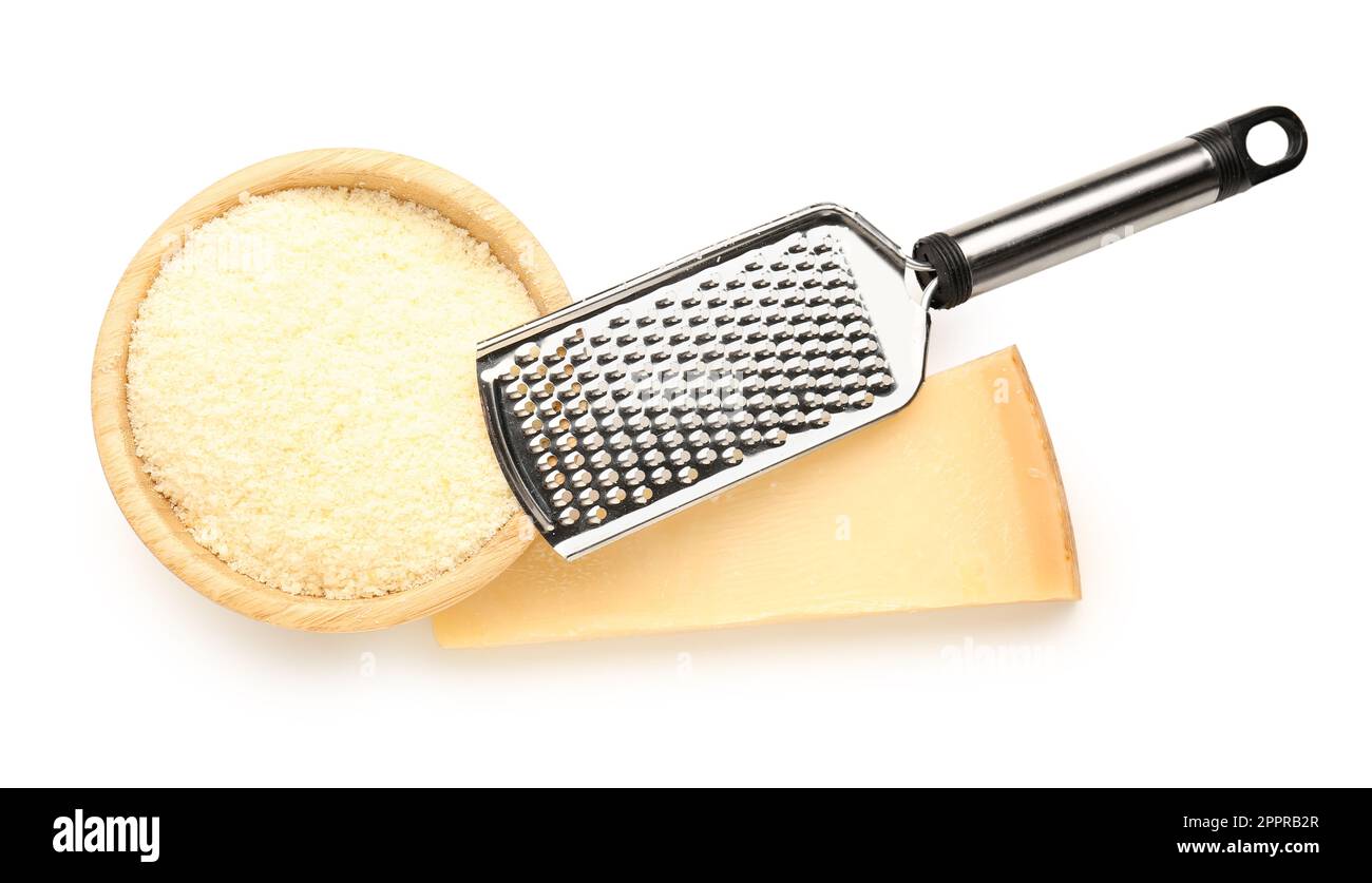 Bowl with tasty Parmesan cheese and grater on white background Stock Photo  - Alamy