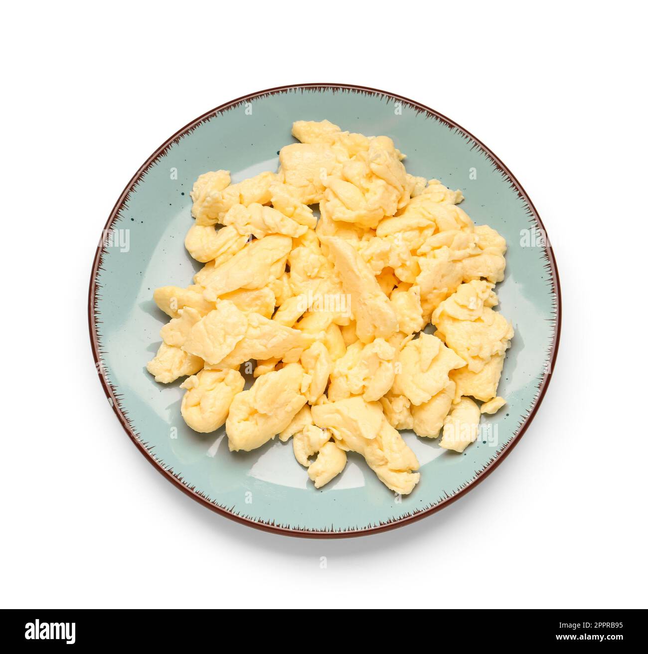 Plate of delicious scrambled eggs isolated on white background Stock ...