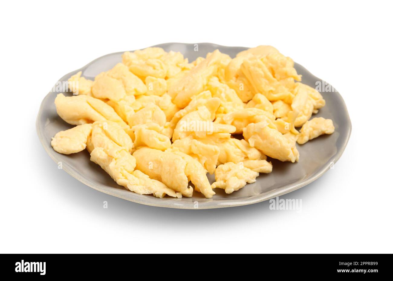 Plate of delicious scrambled eggs isolated on white background Stock ...