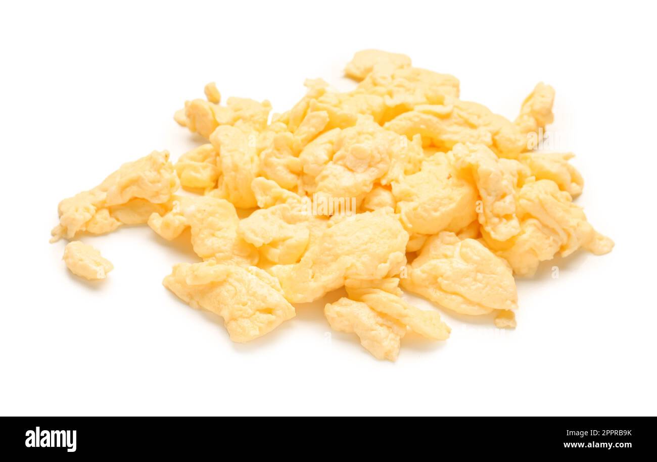 Tasty scrambled eggs on white background Stock Photo - Alamy
