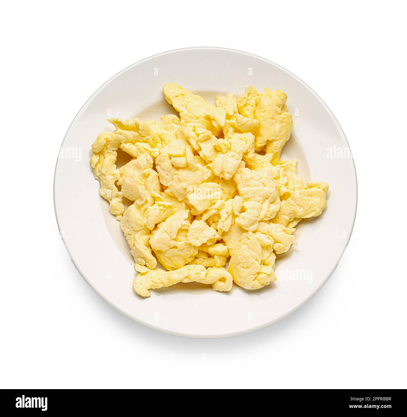 Plate of delicious scrambled eggs isolated on white background Stock ...