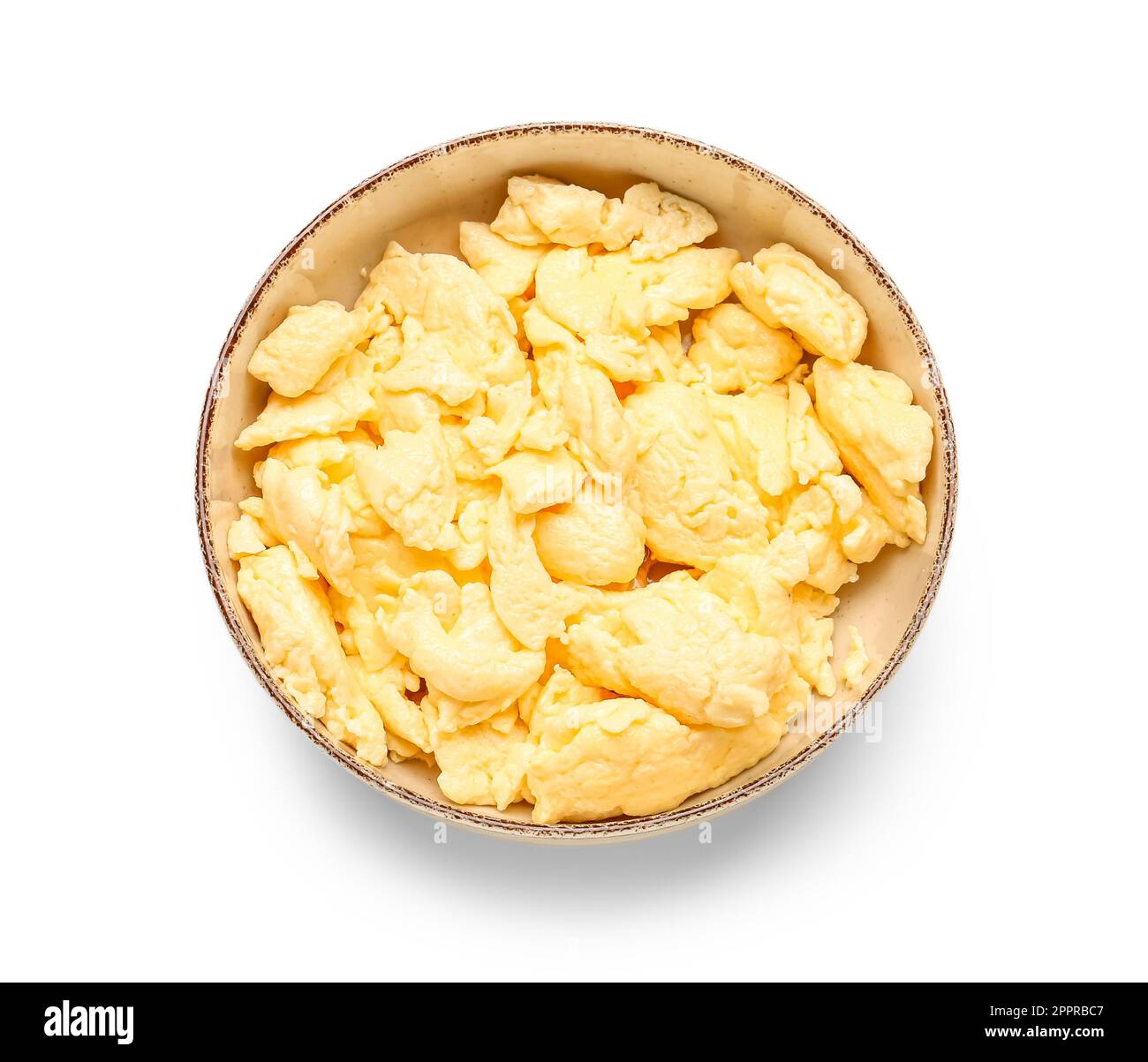 Bowl of tasty scrambled eggs isolated on white background Stock Photo ...