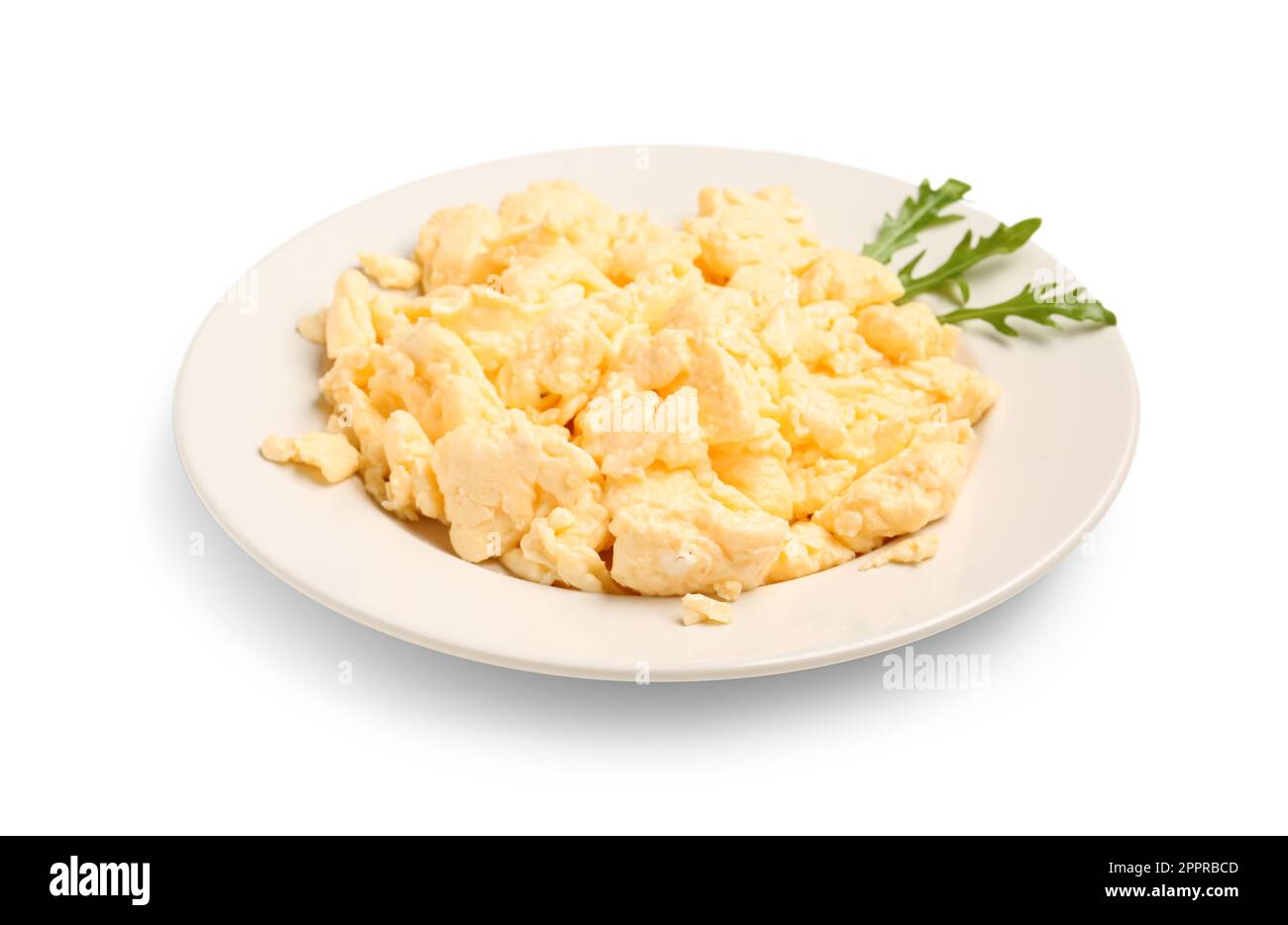 Plate of delicious scrambled eggs isolated on white background Stock ...