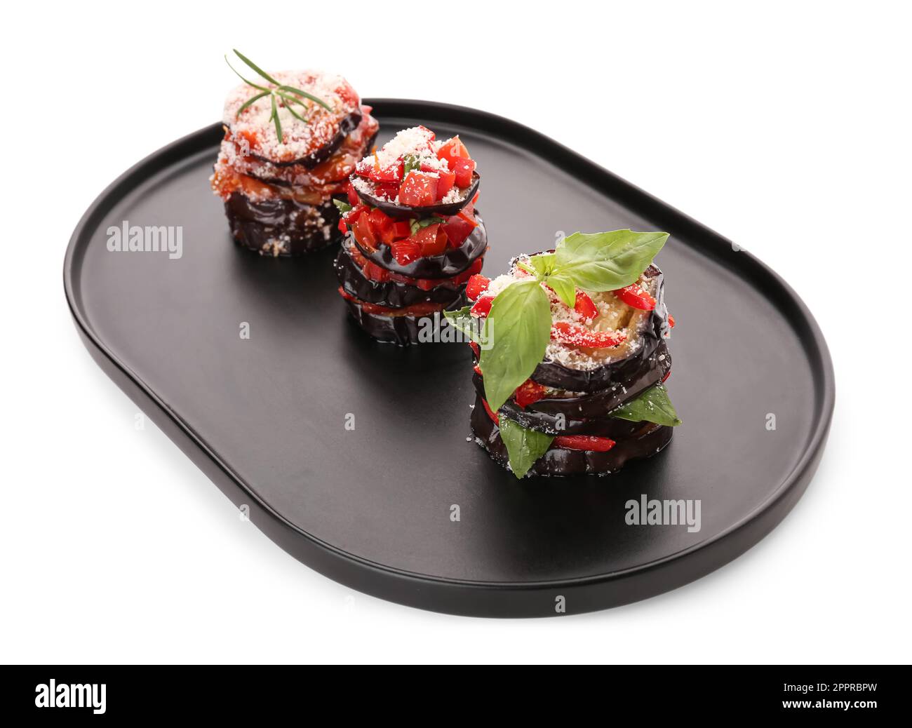 Tray with tasty baked Eggplant Parmesan on white background Stock Photo Alamy