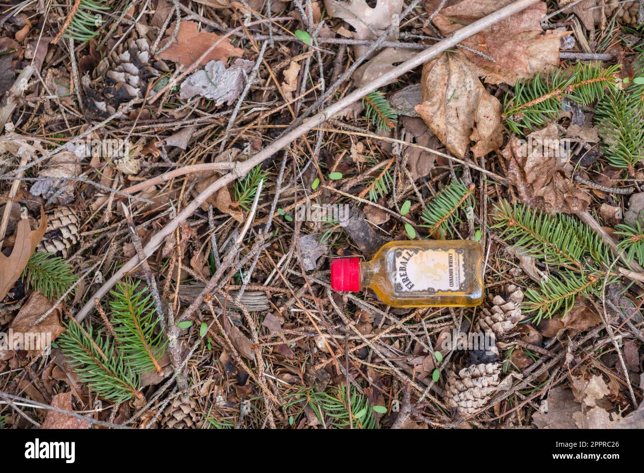 Everett, MA,USApril 5, 2023 Empty liquor nip bottle on ground. Local