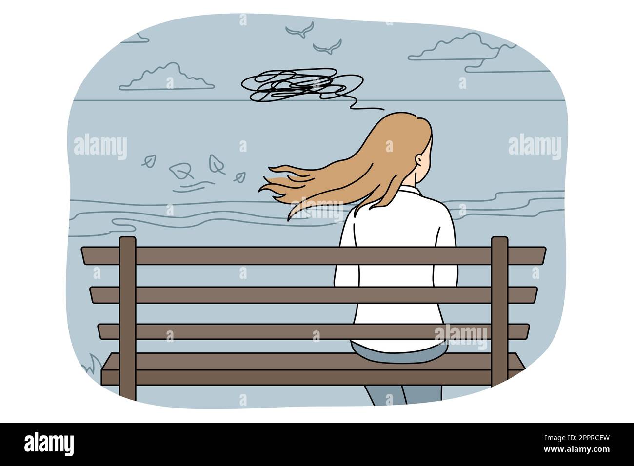 Woman sitting on bench thinking Stock Vector