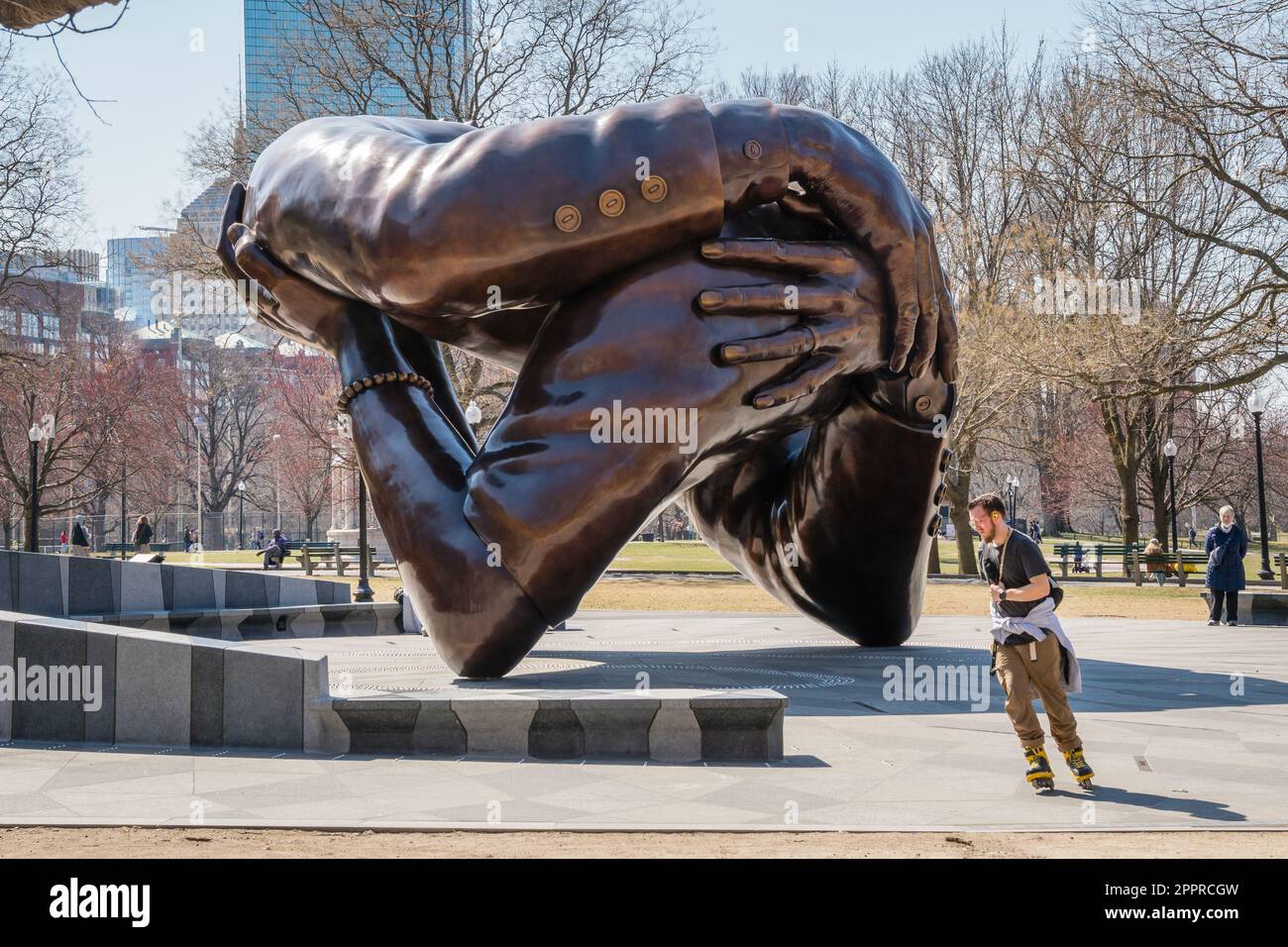 Boston, MA, US-March 21, 2023: The Embrace sculpture in the Boston Common honoring Dr. Martin Luther King and his wife Coretta Scott King. Stock Photo