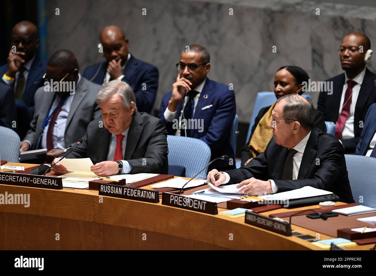 April 24, 2023, New York, New York, USA: April 4, 2023 - New York, NY USA -Russian Federation Foreign Minister, Sergey Lavrov, sits at the UN's Security Council during the period of Russia's presidency of the SC. The US's Ambassador Linda Thomas-Greenfield reads from the UN charter to remind Lavrov of the original objectives of the United Nations that Russia is going against in Ukraine. ( Photo: Andrea Renault/ Zuma Press) (Credit Image: © Andrea Renault/ZUMA Press Wire) EDITORIAL USAGE ONLY! Not for Commercial USAGE! Stock Photo