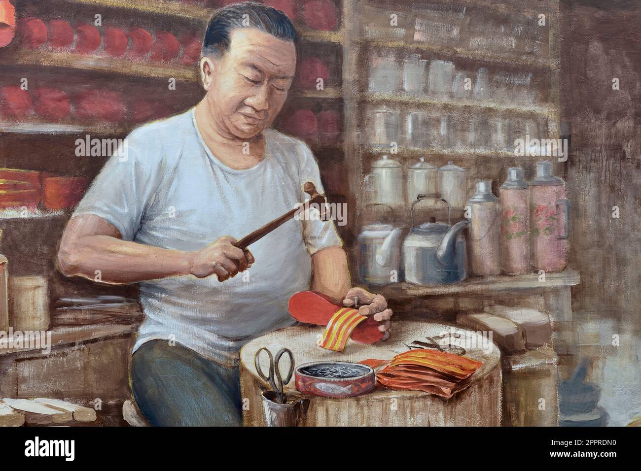 A mural by Singaporean artist Yip Yew Chong in Chinatown, Singapore, depicting a Chinese sandal maker of times gone by Stock Photo