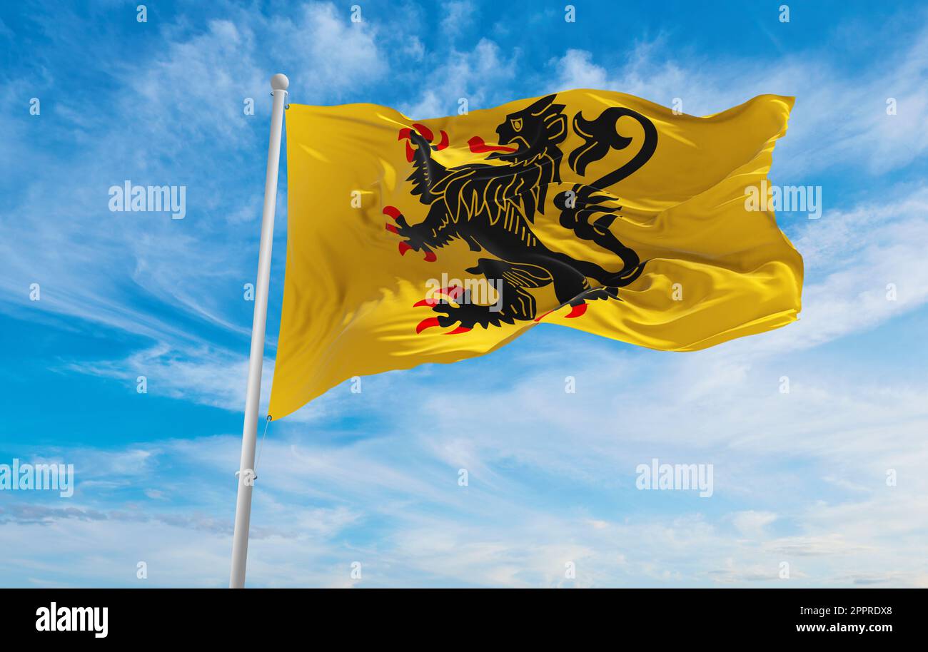 flag of Dutch peoples French Flemish people at cloudy sky background, panoramic view. flag representing extinct country,ethnic group or culture, regio Stock Photo