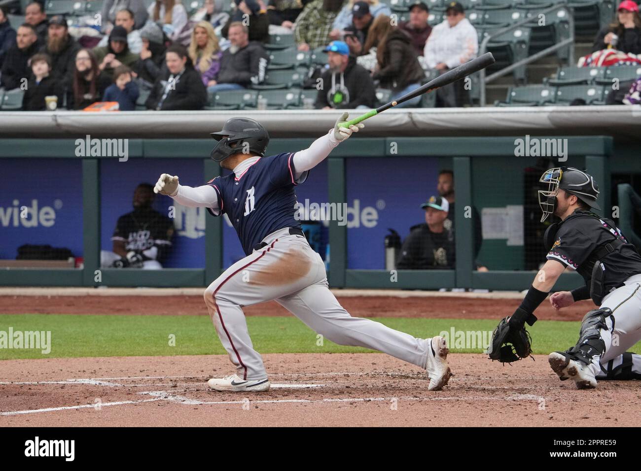 Salt Lake UT, USA. 22nd Apr, 2023. Reno left fielder Dominic Canzone (8) gets a hit during the game with Reno Aces and Salt Lake Bees held at Smiths Fiield in Salt Lake Ut. David Seelig/Cal Sport Medi. Credit: csm/Alamy Live News Stock Photo