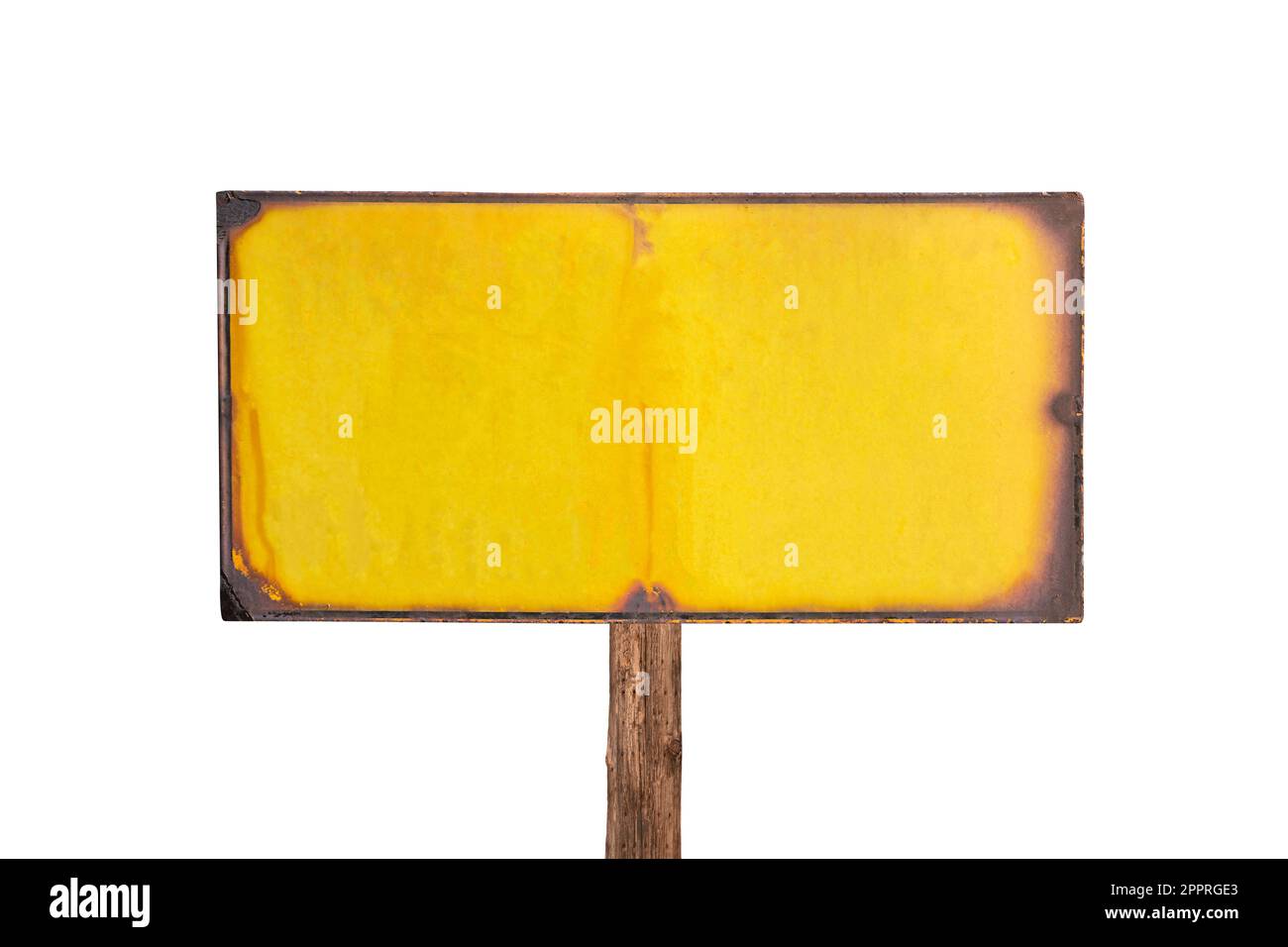 Rusty old blank yellow sign.  Isolated with cut out background. Stock Photo