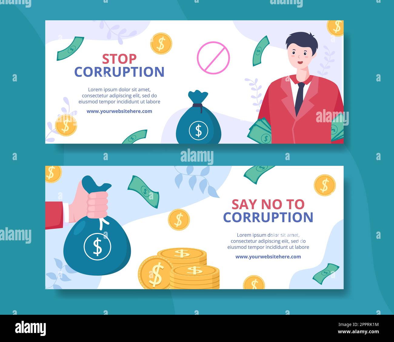 Anti Corruption Horizontal Banner Template Flat Cartoon Background Vector Illustration Stock Vector