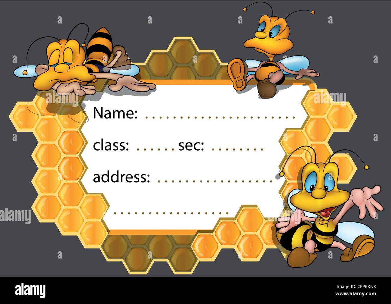 School Label with Cute Bees on a Honeycomb Stock Vector