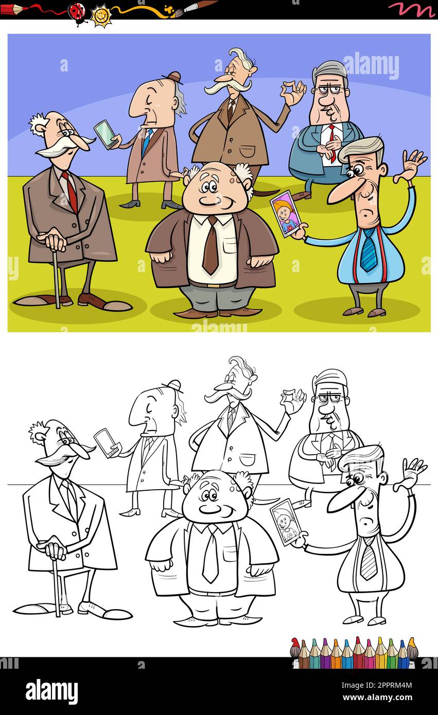 cartoon elder men or seniors group coloring page Stock Vector