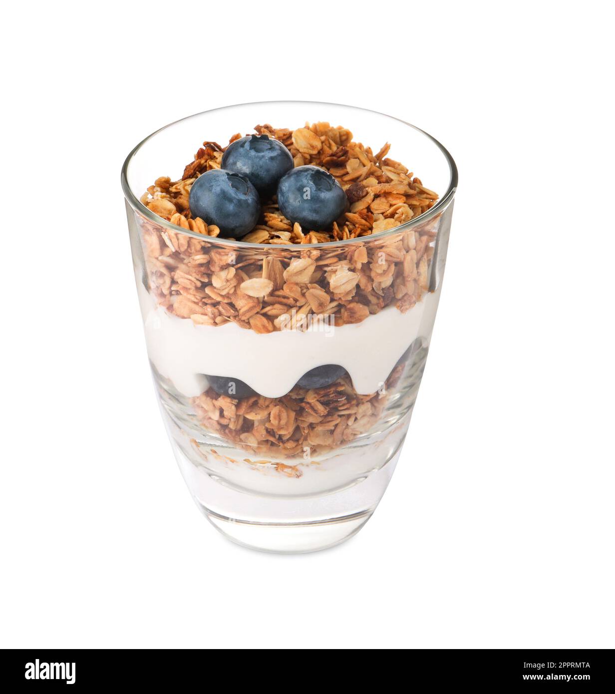 Glass of tasty yogurt with muesli and blueberries isolated on white Stock Photo