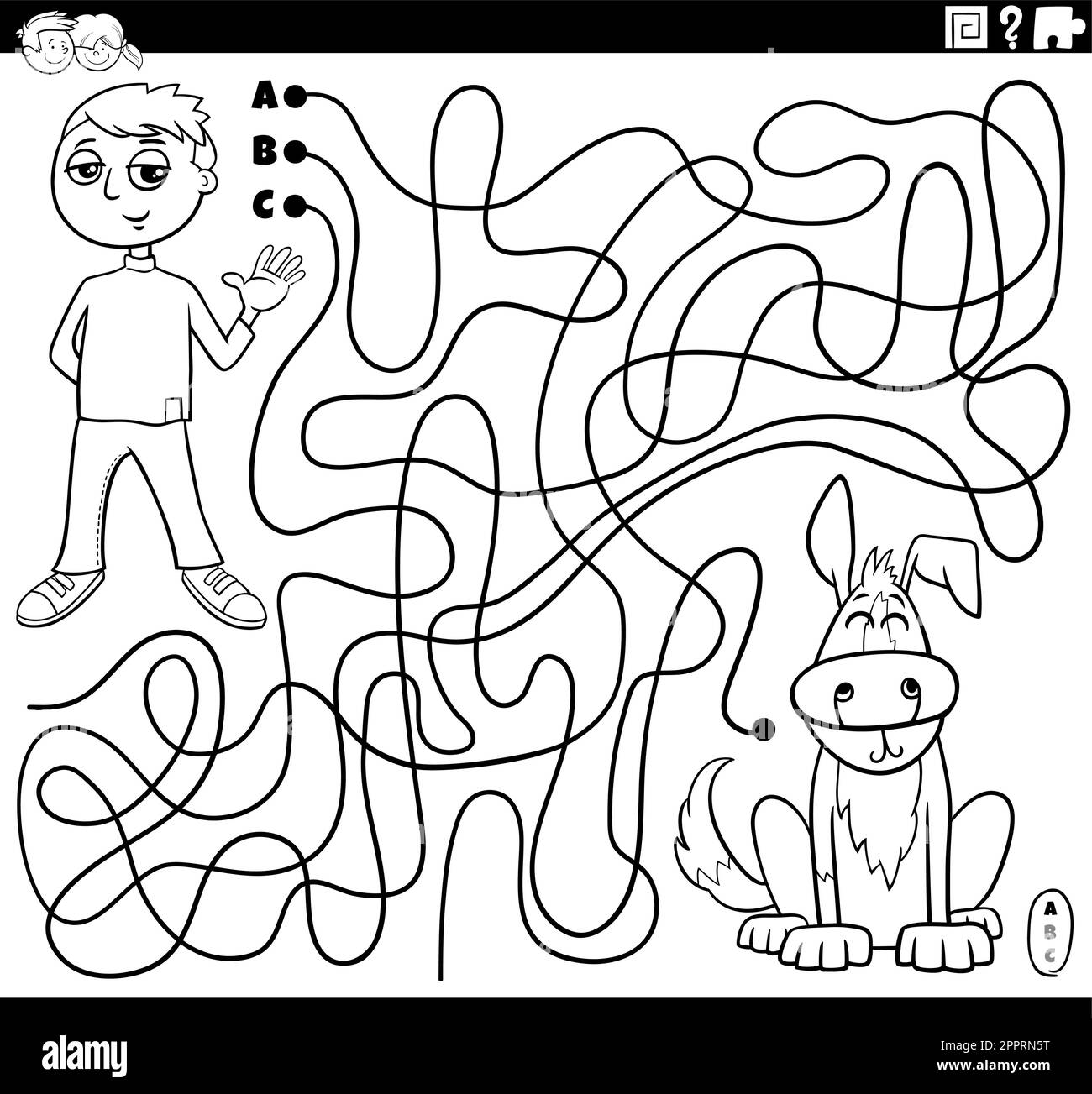 maze with cartoon teen boy and his dog coloring page Stock Vector