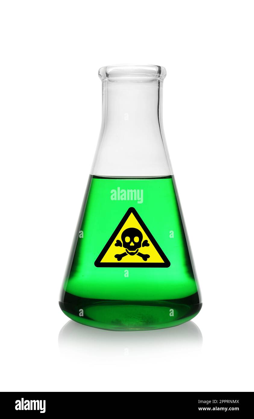 Glass bottle with green toxic sample and warning sign on white