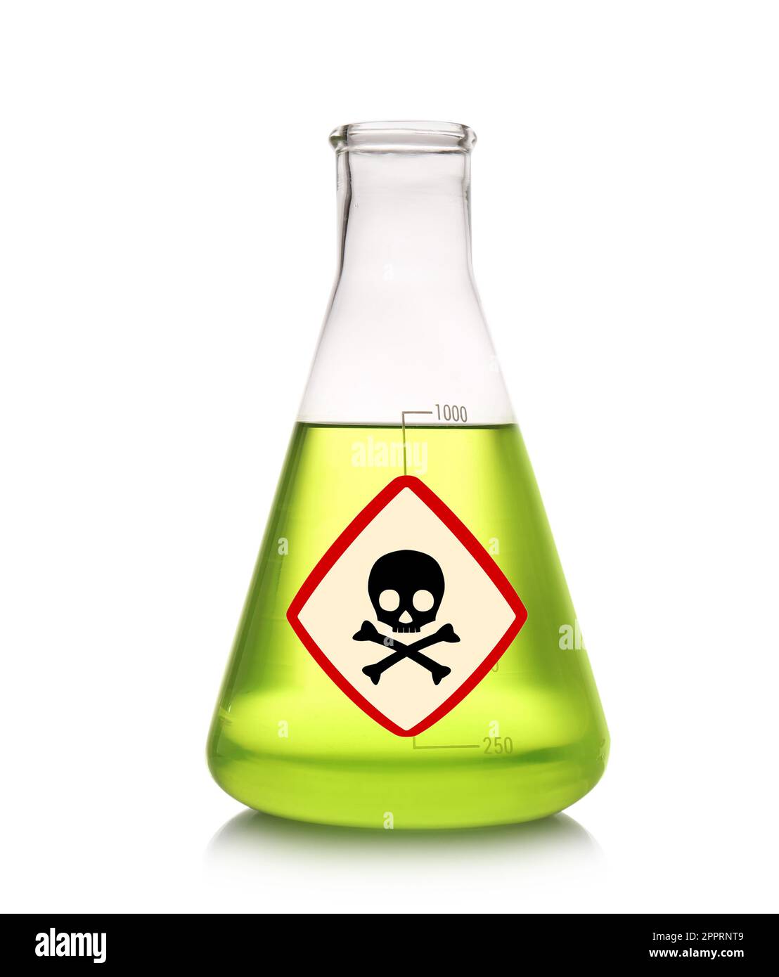 Glass bottle with color toxic sample and warning sign on white