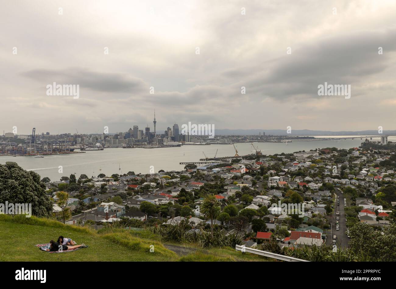 Skyline view of bustling Auckland, New Zealand's largest city, from Mount Victoria in Devonport. One-third of the population lives in the city Stock Photo