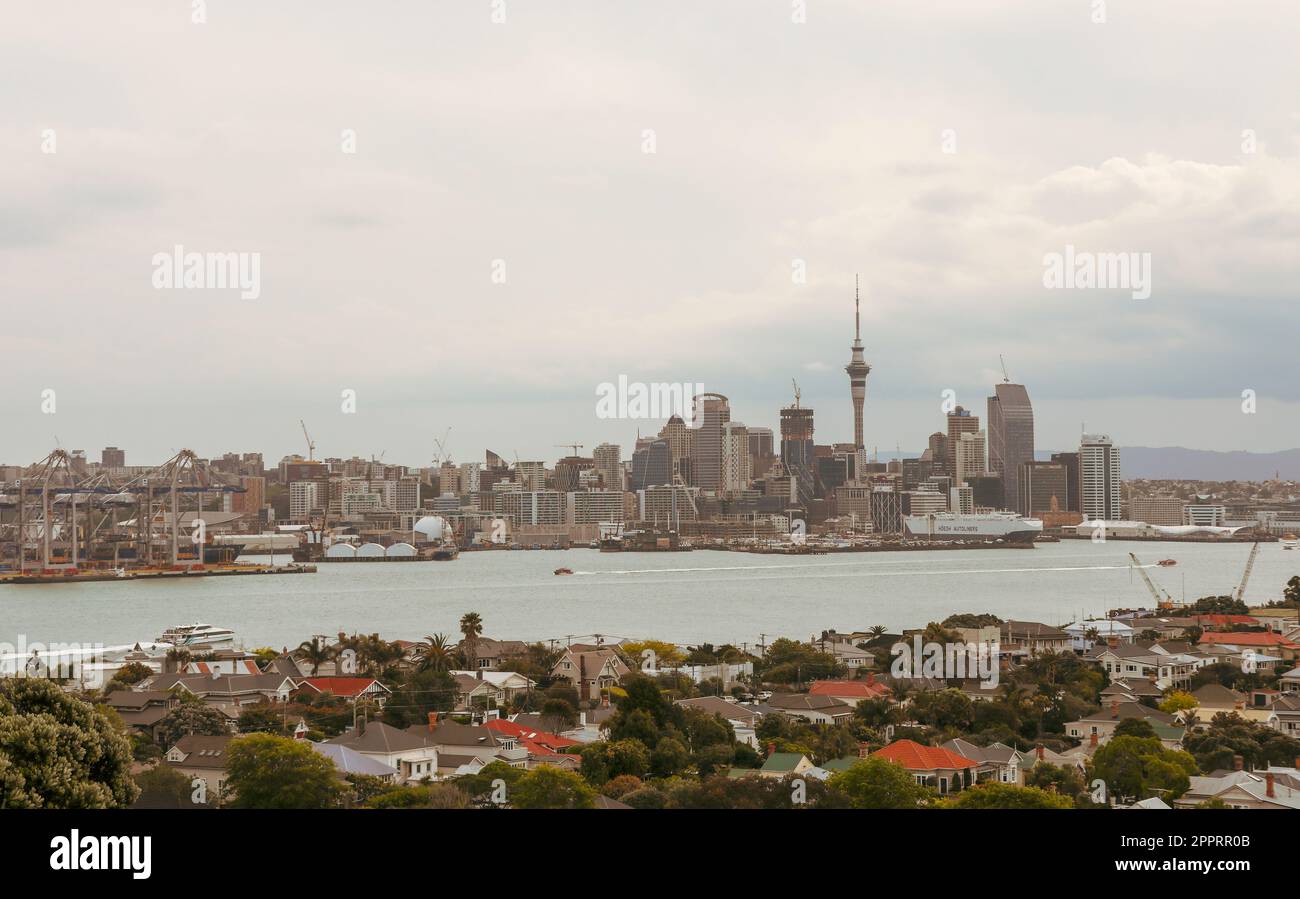 Skyline view of bustling Auckland, New Zealand's largest city, from Mount Victoria in Devonport. One-third of the population lives in the city Stock Photo