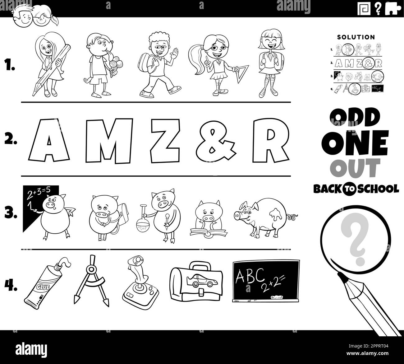 odd one out task with cartoon characters coloring page Stock Vector