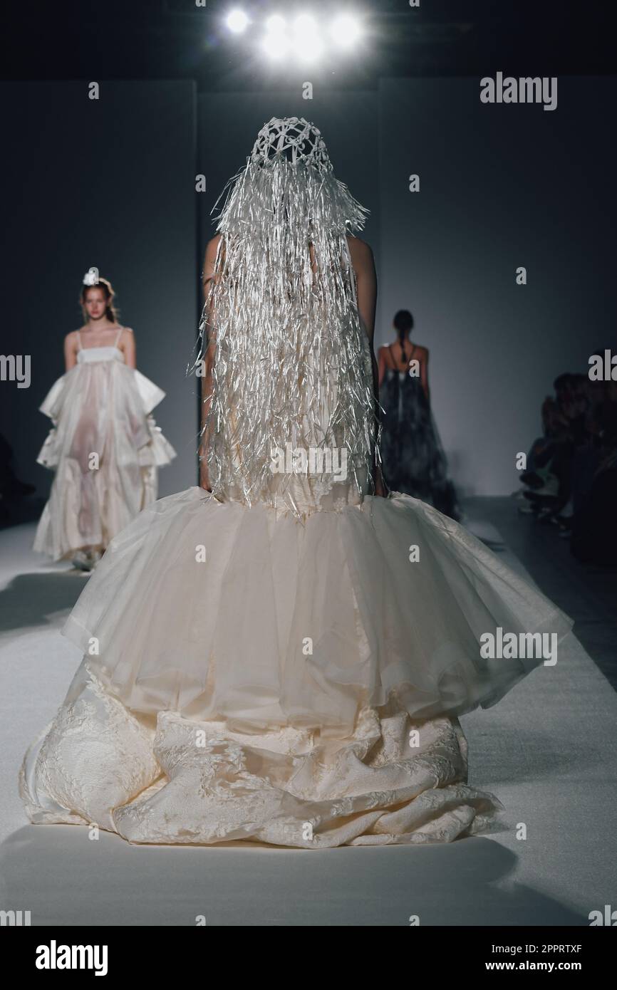 London, UK, 21st Apr 2023, Minju Kim showcases her fashion designs as part  of Fashion In Motion at the Victoria & Albert Museum. Minju Kim is a Seoul  based fashion brand built